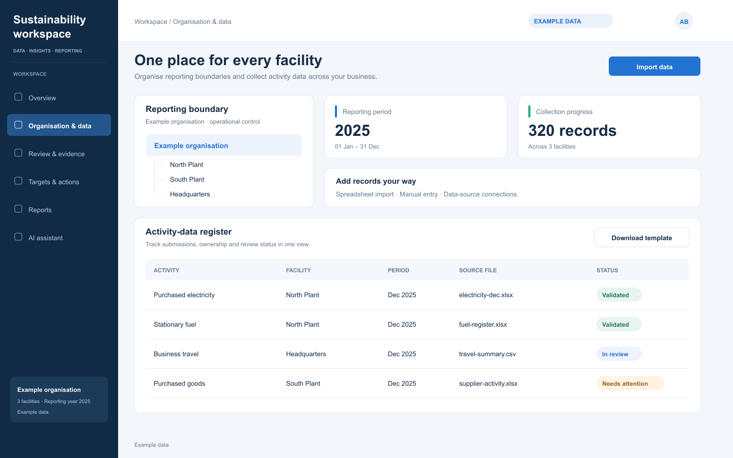 Organisation and data collection interface